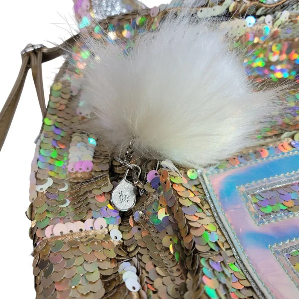 Justice Monogram E Sequin Mini Backpack Gold Unicorn Zipper Pockets Furry Adj